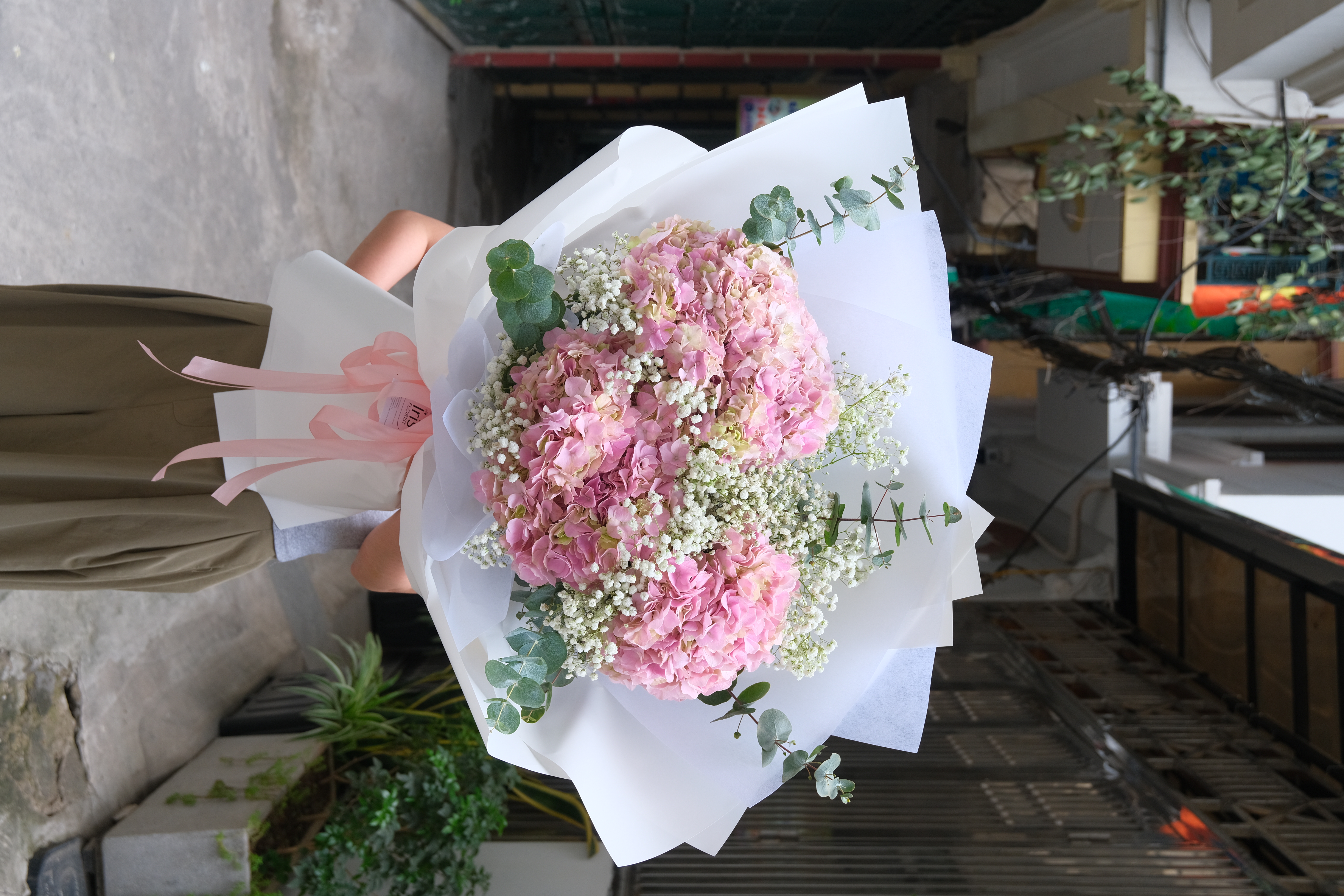 Bó 3 bông tú cầu hồng mix baby lá bạc_thumbnail_2