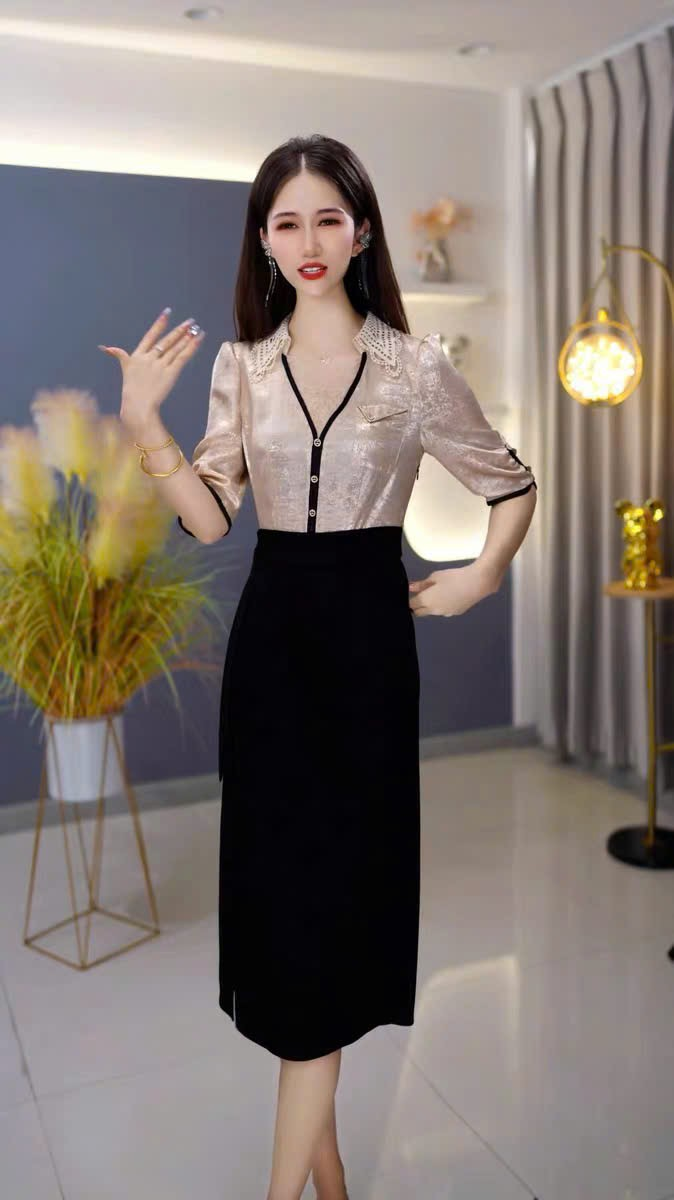 18276-Đầm liền suông phối thân lụa nhũ cổ ren bẻ ( lụa nhũ,lụa)