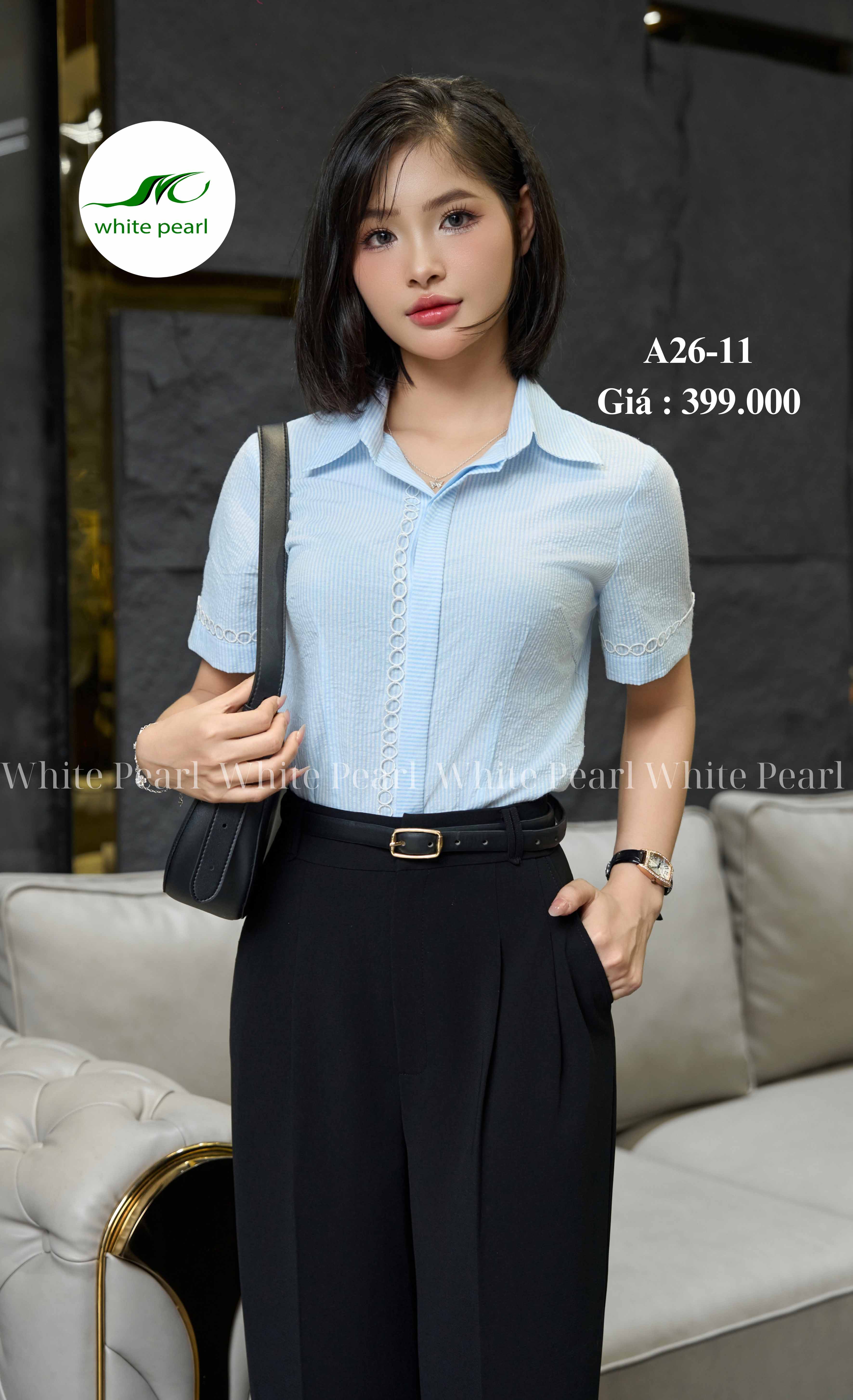  Áo sơ mi cổ đức kẹp ren Kẻ xanh thời trang công sở nữ White Pearl