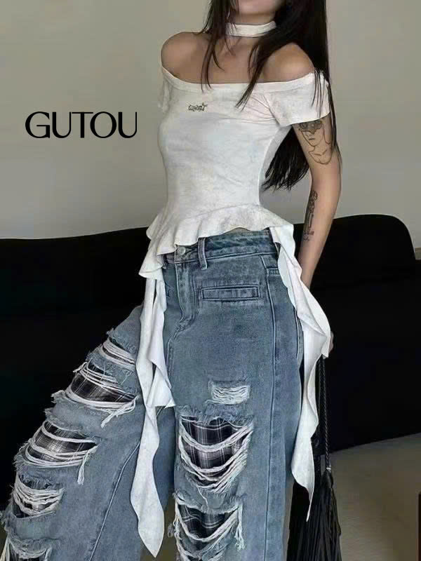 [ GUTOU ] Áo Trễ Vai Cổ Yếm Phối Dây_thumbnail_1