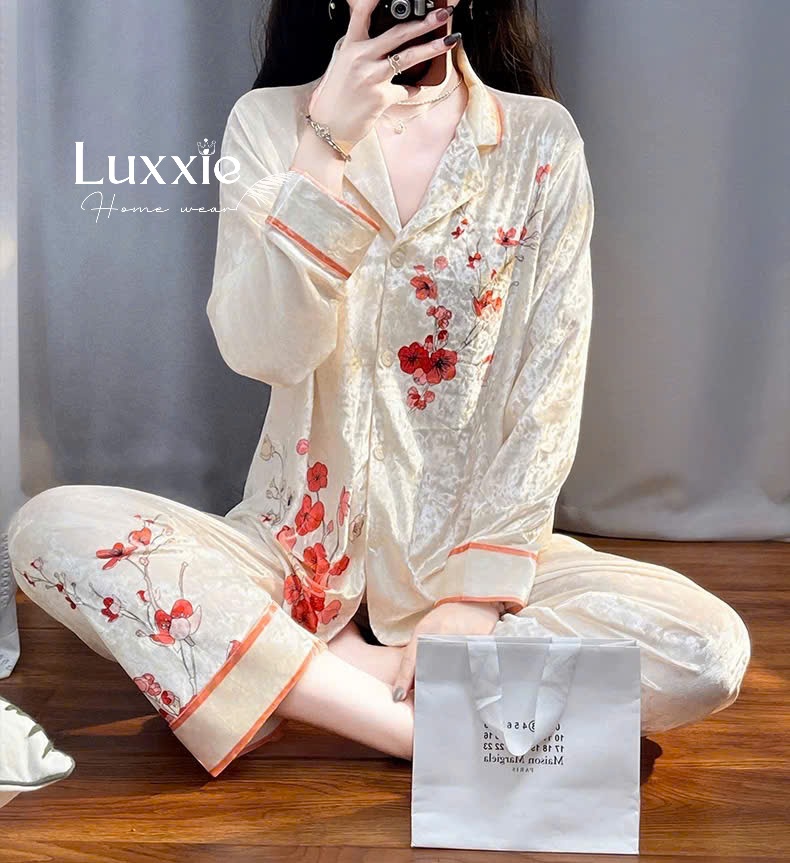 NHUNG20 Pijama vải nhung họa tiết hoa đào đỏ_thumbnail_4