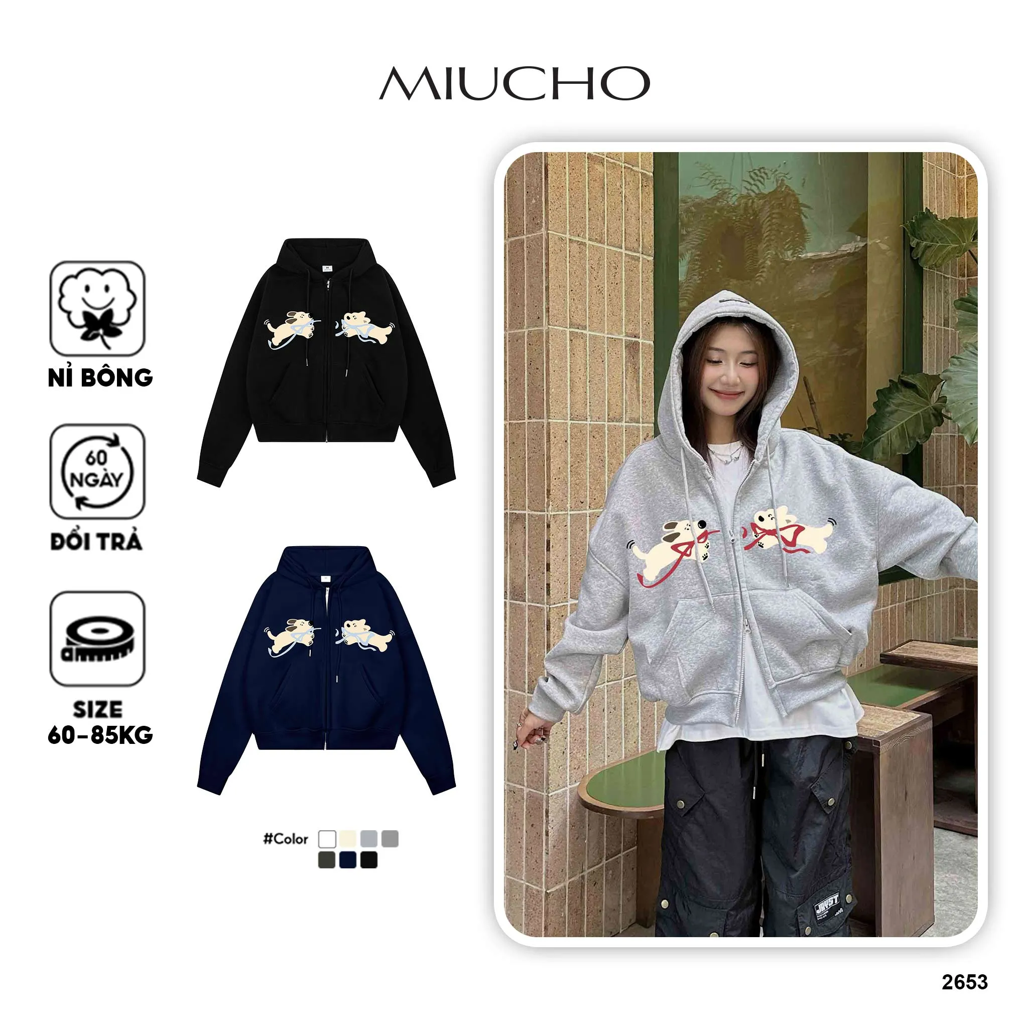 Áo khoác hoodie zip boxy nỉ 2 da 2653 Miucho thoáng mát dày dặn hình cún đáng yêu_thumbnail_1