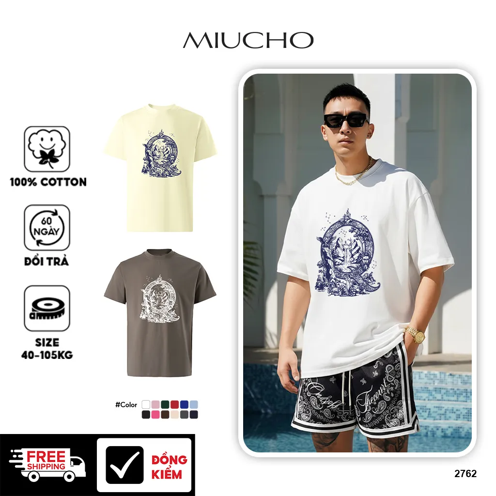 Áo thun form rộng Miucho Iconic chữ Q nghệ thuật vải cotton thoáng mát cổ tròn tay ngắn 2762