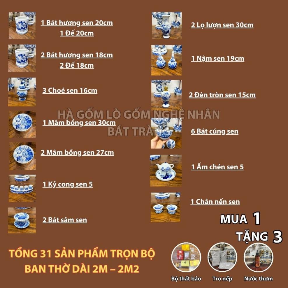 HG261 Đồ Thờ Cúng Bộ 31 món ban thờ 2M - 2M2 men trắng nghệ nhân Bát Tràng chế tác TẶNG Thất Bảo, Tro Nếp_thumbnail_1