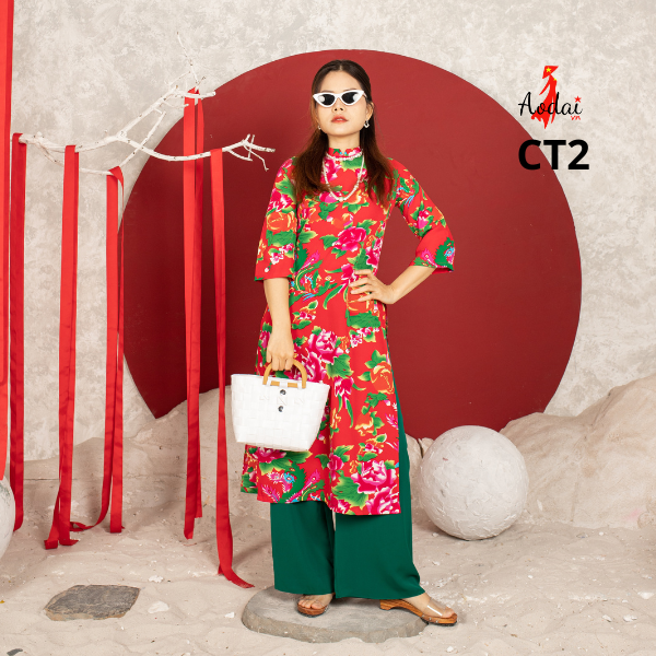 BCT2X Bộ Cách Tân Chăn Công Đỏ ( Áo Đỏ+ Q Xanh) mặc Tết