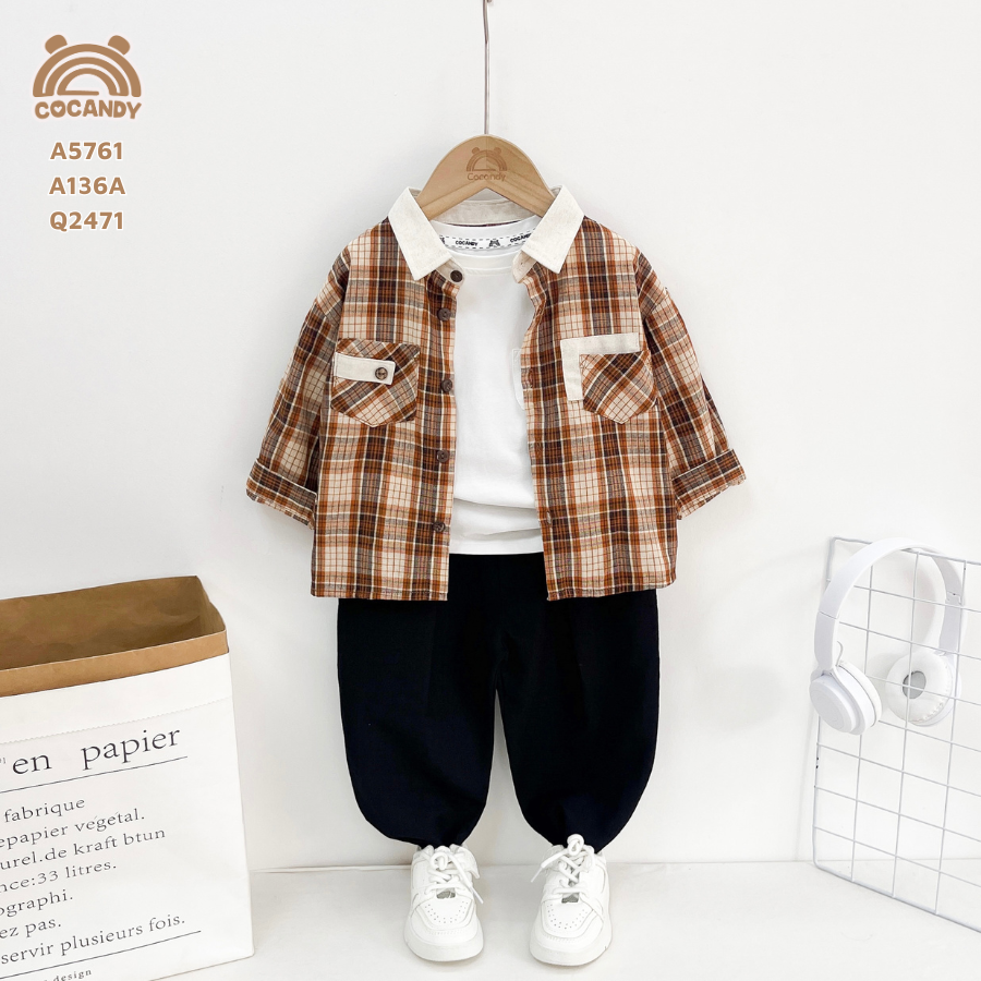 Áo dài sơ mi caro NÂU CAM 2 túi ngực_thumbnail_1