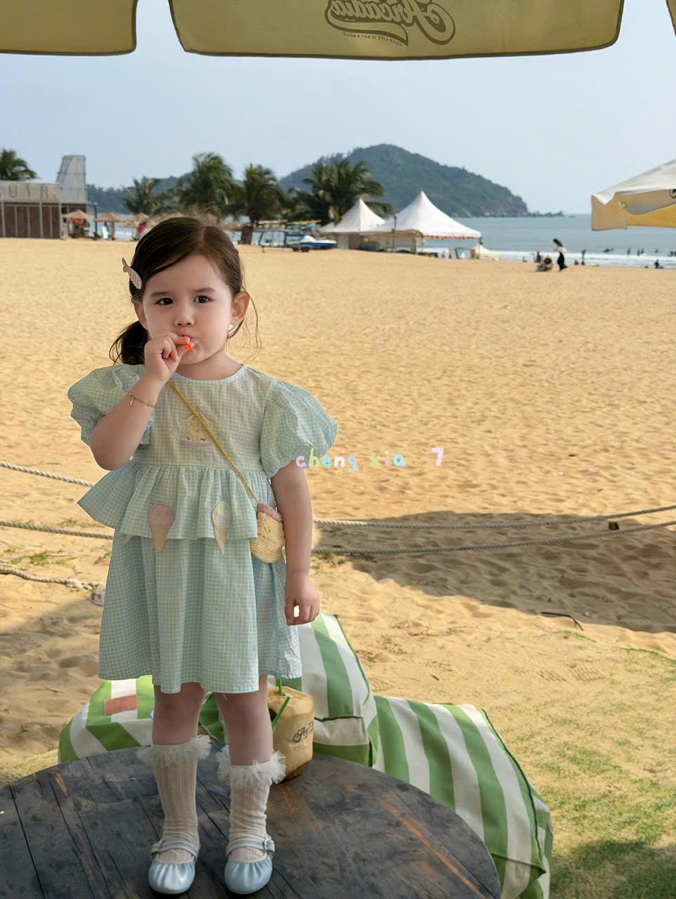 CX87 - Váy bé gái caro xanh tay phồng phối bèo thêu họa tiết kem dễ thương phong cách tiểu thư hãng CX7