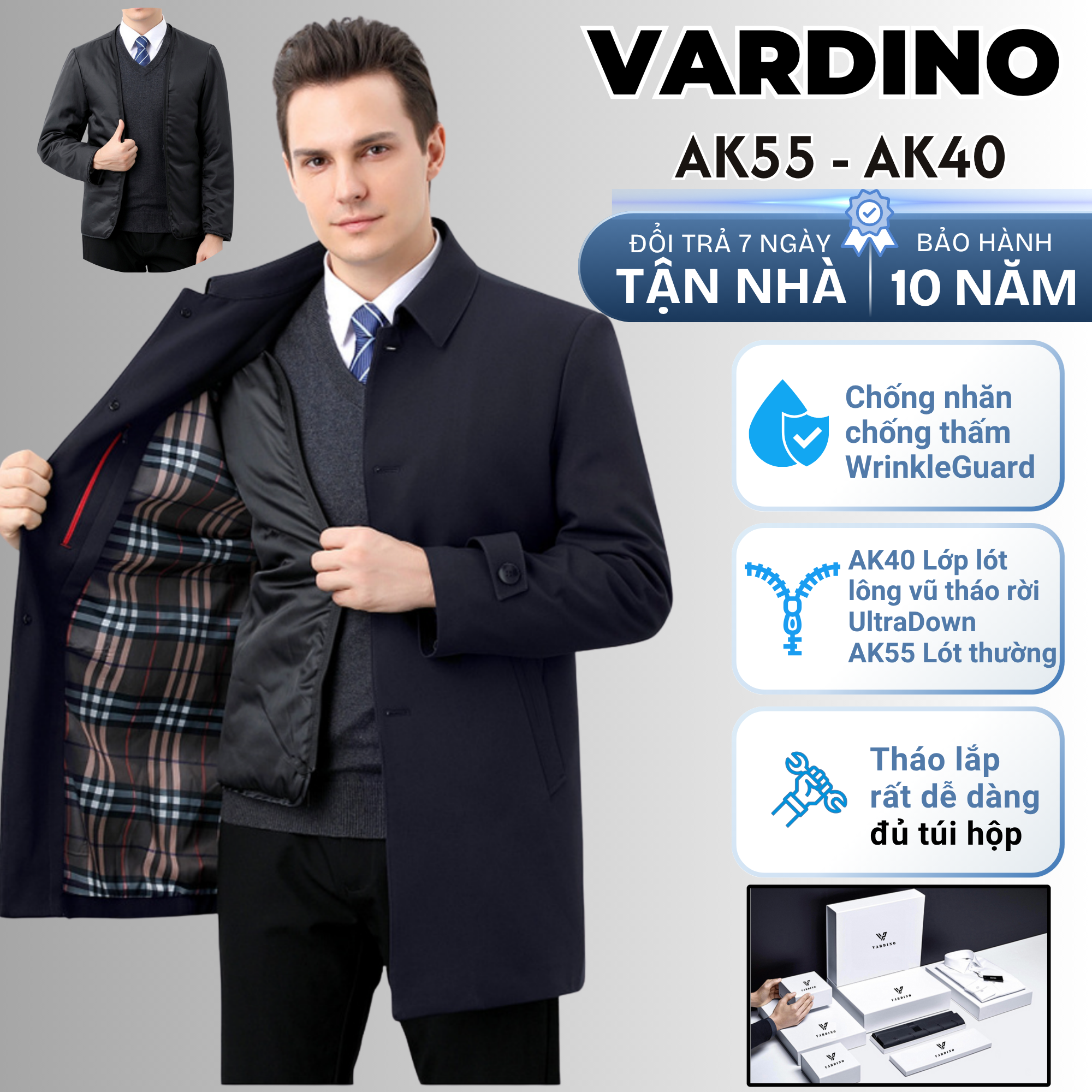 Áo khoác mangto nam công sở Vardino AK40 lót lông vũ tháo rời
