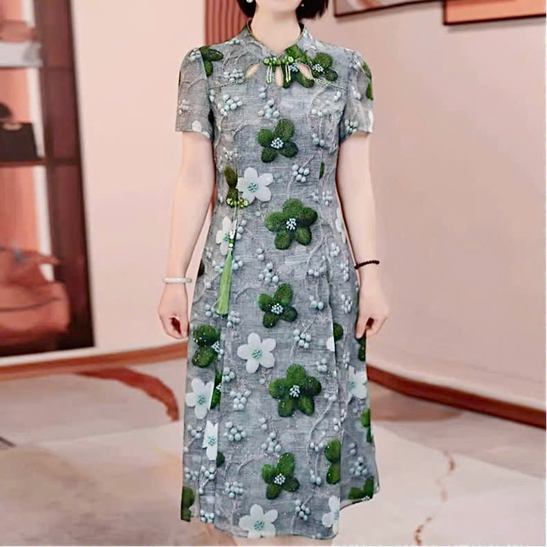 17894-Đầm suông A hoa xanh  cổ tàu kết nút  ( voan lụa, lót)