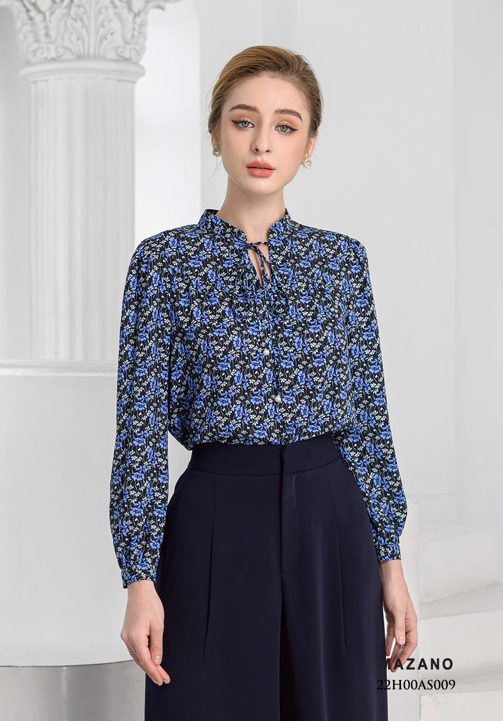 Áo sơ mi họa tiết cổ tàu thắt nơ trang trí