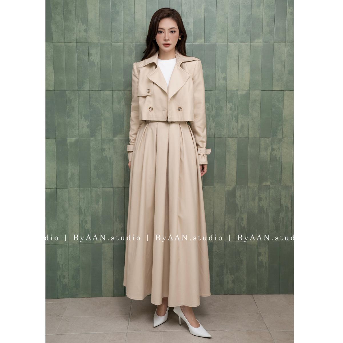 Chân váy kaki xếp ly kèm đai