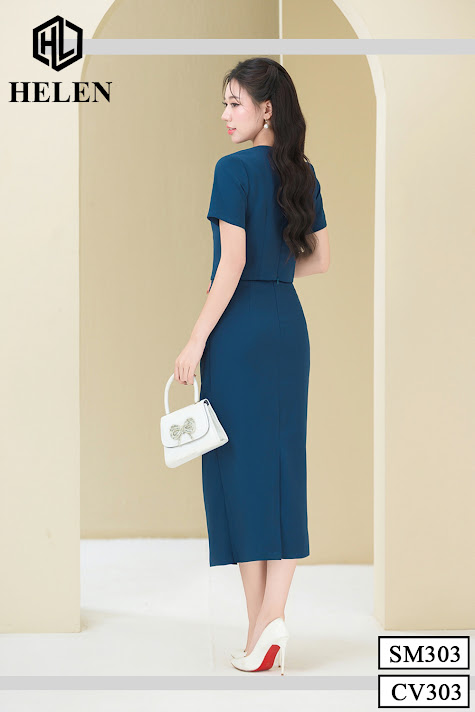 SET sơ mi phối cổ trắng + chân váy ôm màu xanh đính cúc bọc SET303CV