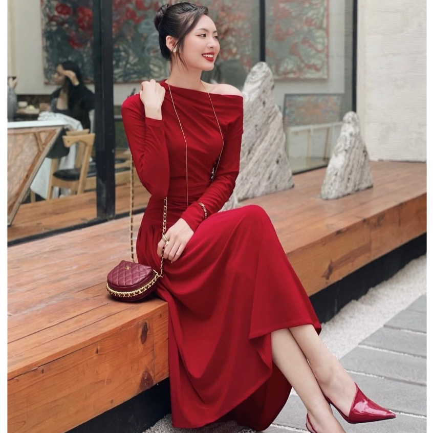 Váy đỏ lệch vai nữ nhún eo, đầm dự tiệc nữ màu đỏ, đầm thun nhún trễ vai đi tiệc sang chảnh Logastoren_ L369_thumbnail_2