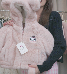 (M135) Áo khoác lông mũ tai gấu thêu kitty màu hồng_thumbnail_0