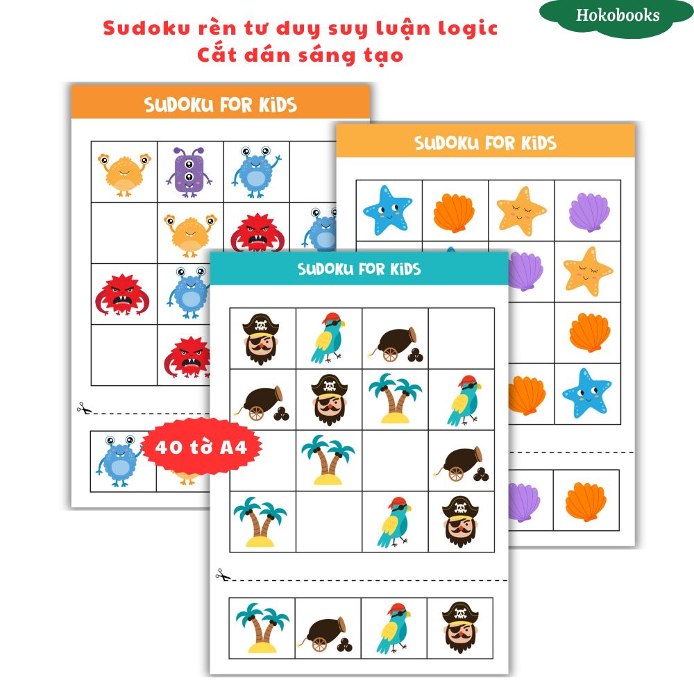 40 tờ Sudoku giấy cắt dán thủ công, Học liệu Montessori Hokobooks rèn tư duy logic, IQ tư duy, giáo dục sớm HL80