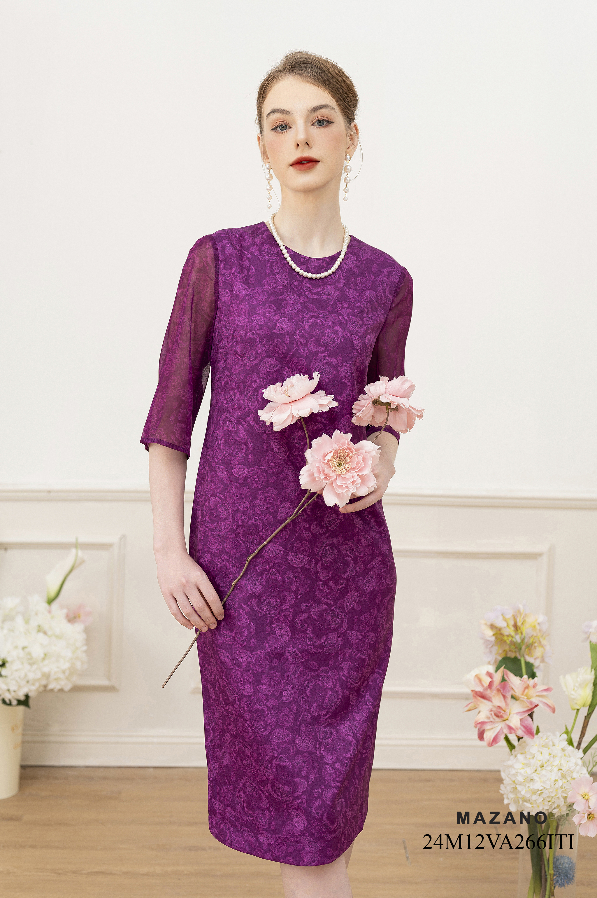 Váy Đầm suông Vải thô phối voan Hoạ tiết hoa trà cách điệu Cổ tròn Tay lỡ Dài đến bắp chân 24M12VA266ITI