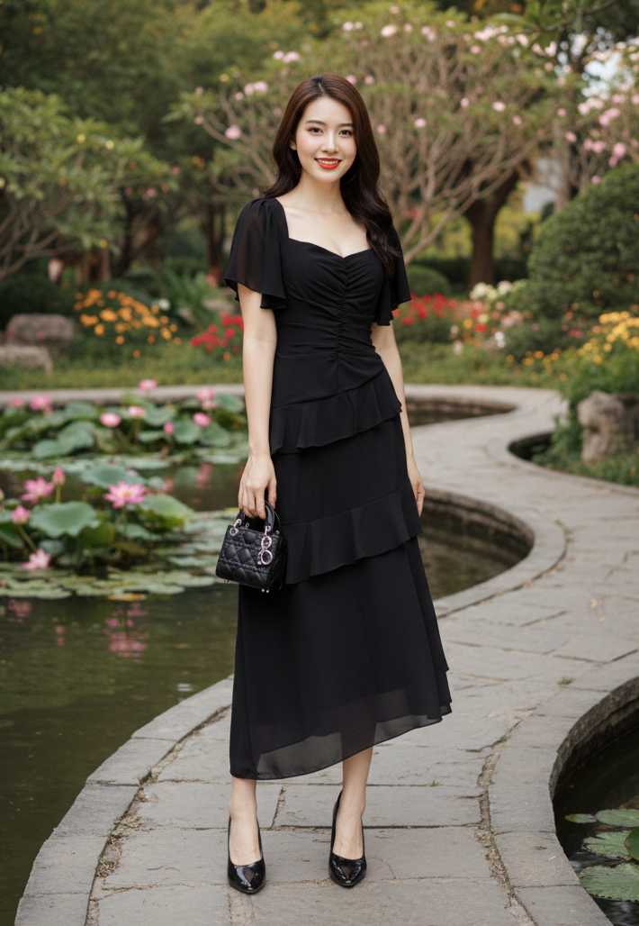 Đầm midi tay cánh tiên cổ u phối bèo xinh xắn_thumbnail_2