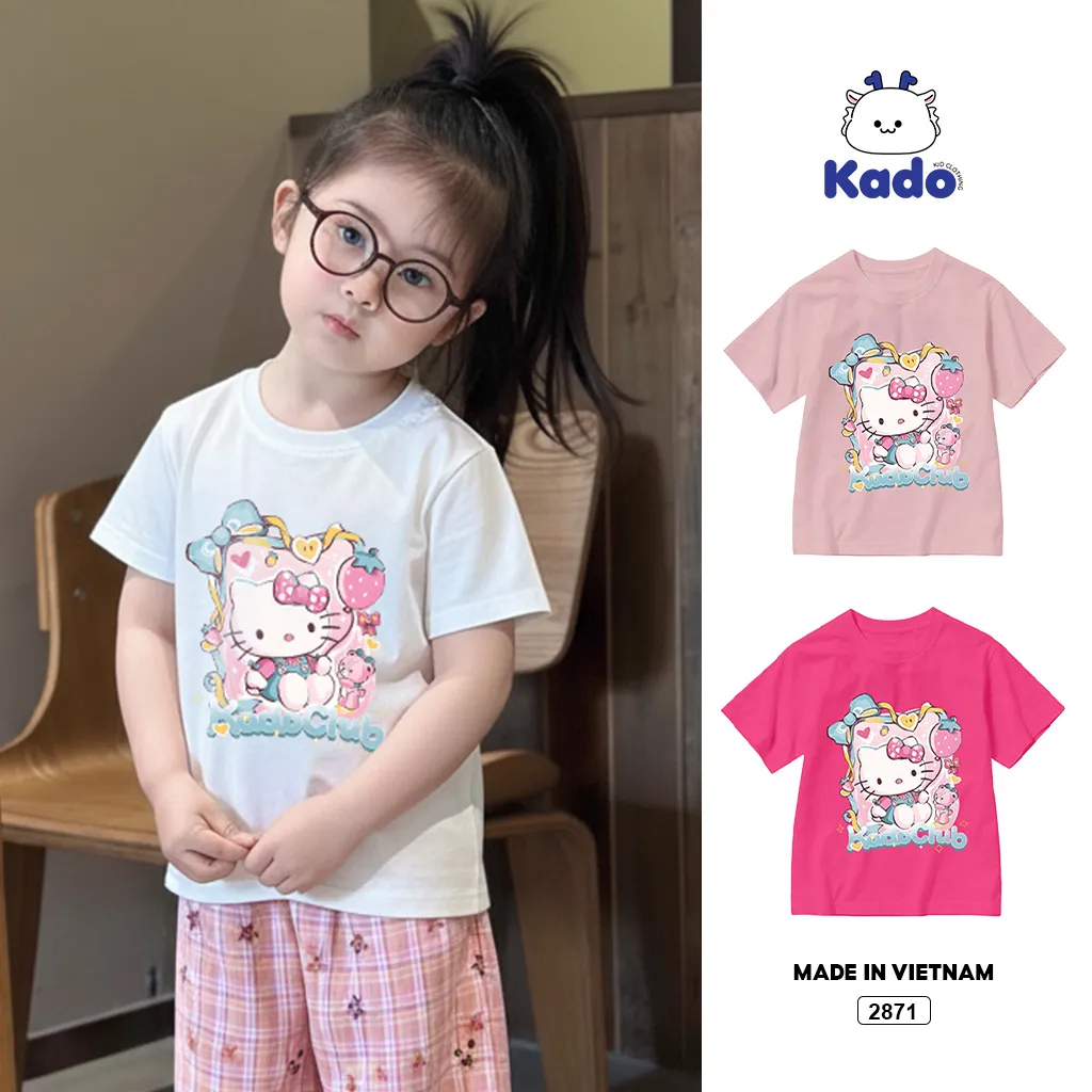 Áo thun bé gái Kado tay ngắn cổ tròn vải cotton thoáng mát dày dặn hình Kitty dễ thương 2871