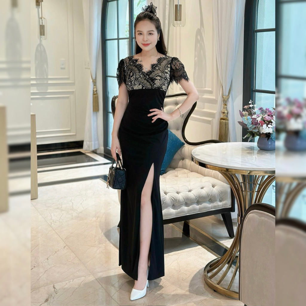 Đầm dự tiệc phối ren cổ V xẻ tà quyến rũ