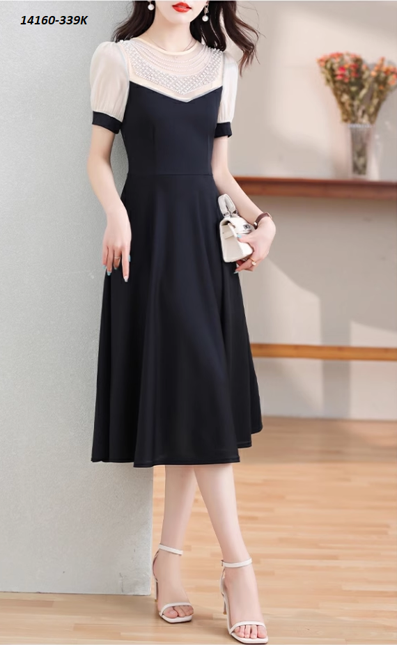 14160-Đầm xòe phối tay voan phồng kết hạt ngực cách điệu ( thun lụa, voan)FREESHIP_thumbnail_2