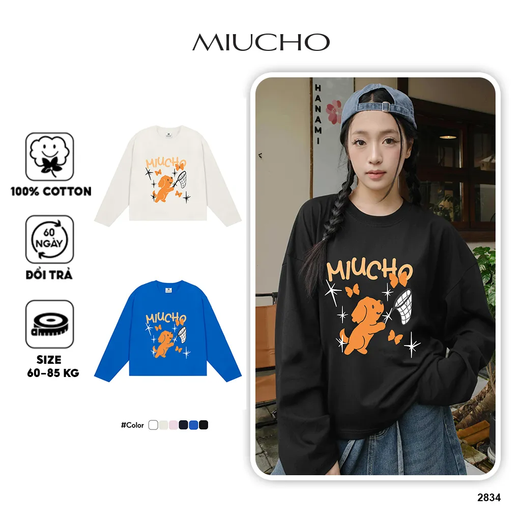 Áo thun boxy nam nữ Miucho chất vải mềm mại thoáng mát cún bắt bướm in mix 2834