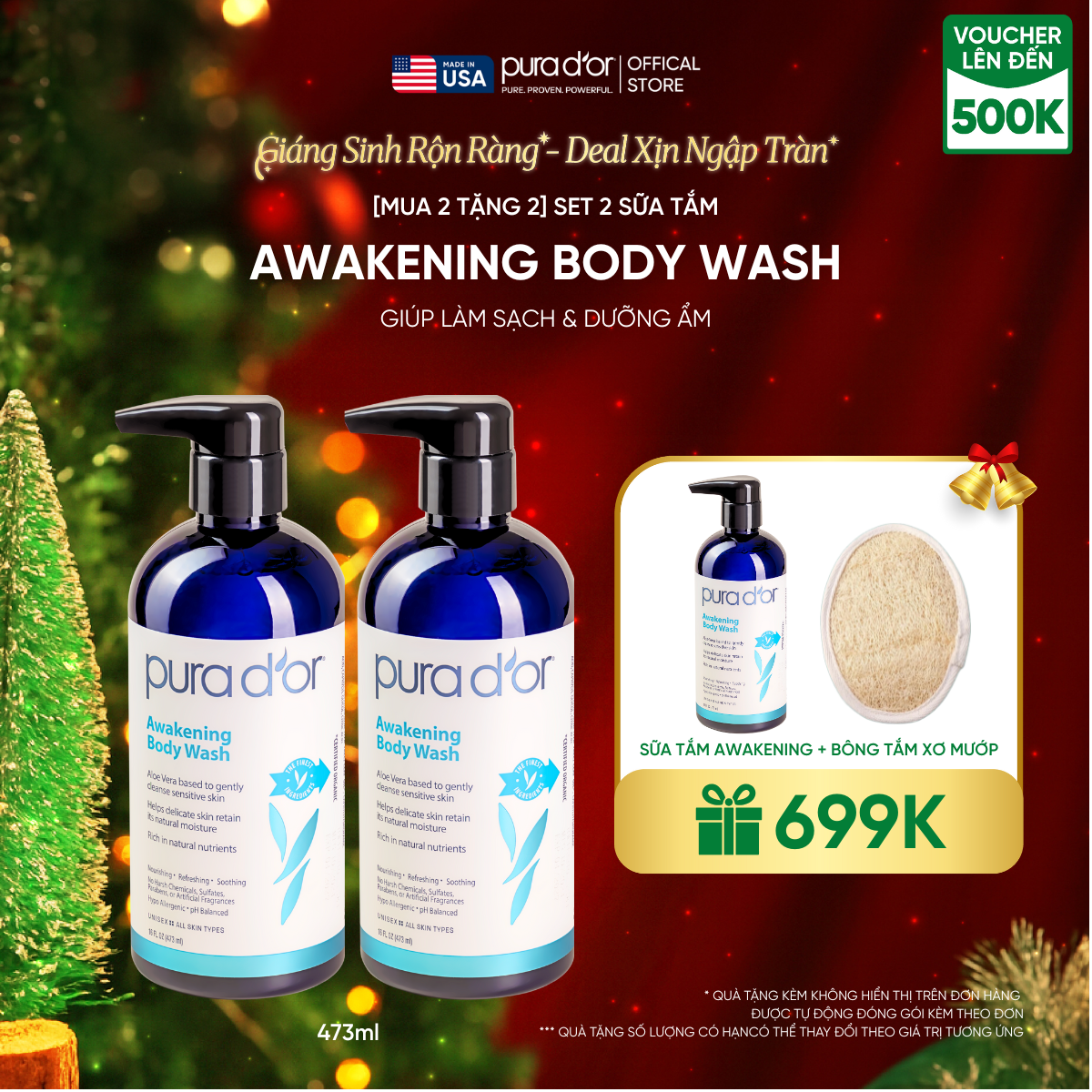 [Mua 2 tặng 2] Set 2 Sữa Tắm Pura D'or Awakening Body Wash Giúp Làm Sạch & Dưỡng Ẩm 473ml