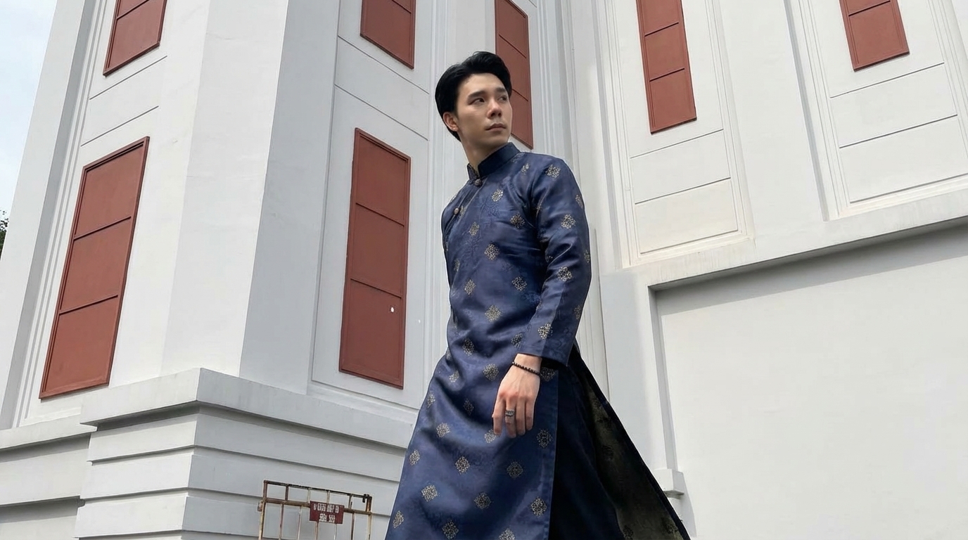 Áo Dài Nam Xanh Navy Gấm Họa Tiết Truyền Thống