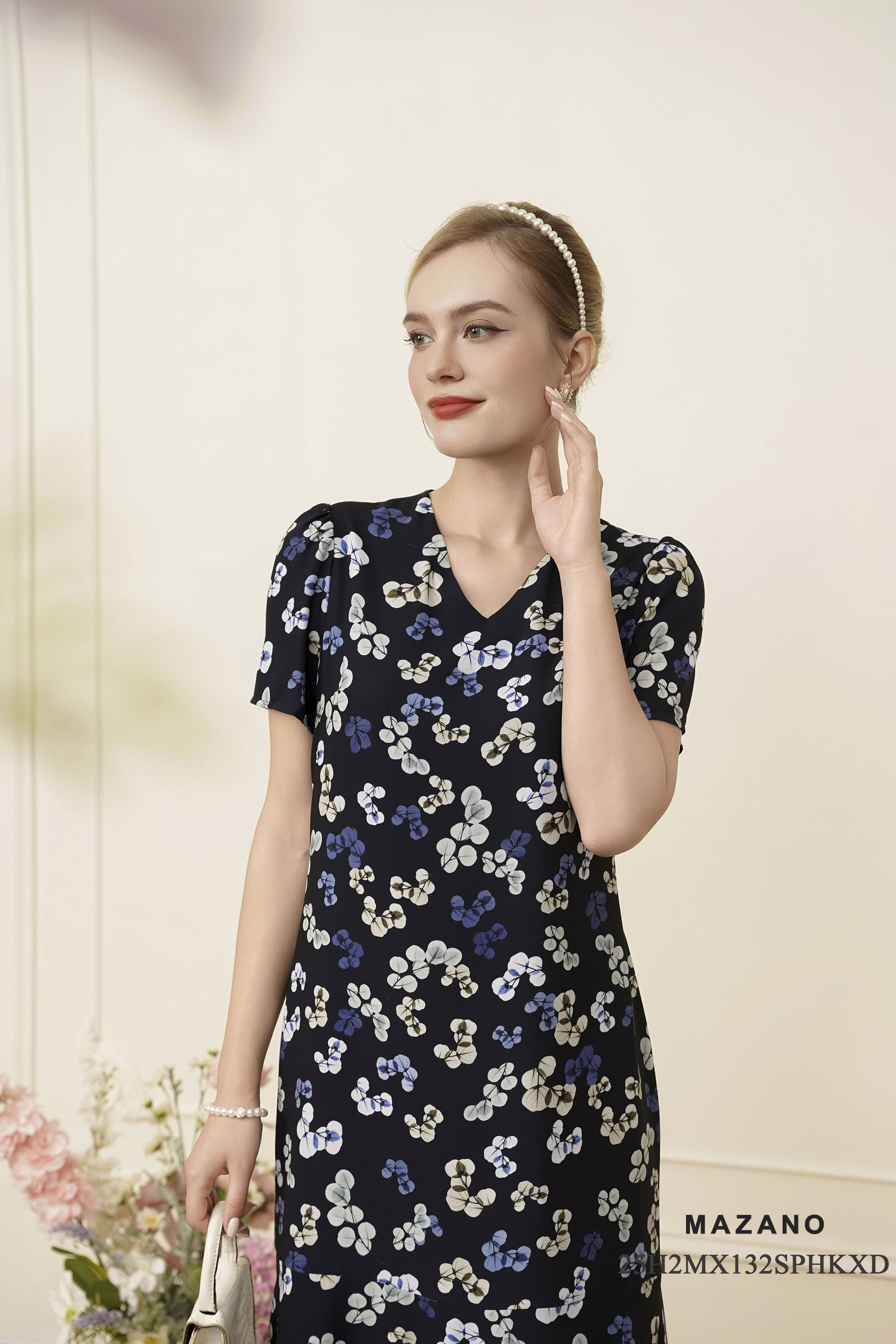 Maxi suông Vải thô Họa tiết hoa lá cách điệu Cổ V Tay ngắn Dài váy tới mắt cá_thumbnail_2