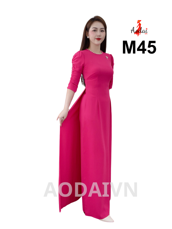 M45 Áo dài lụa Mỹ màu hồng sen cổ tròn tay rúm bồng đính hạt
