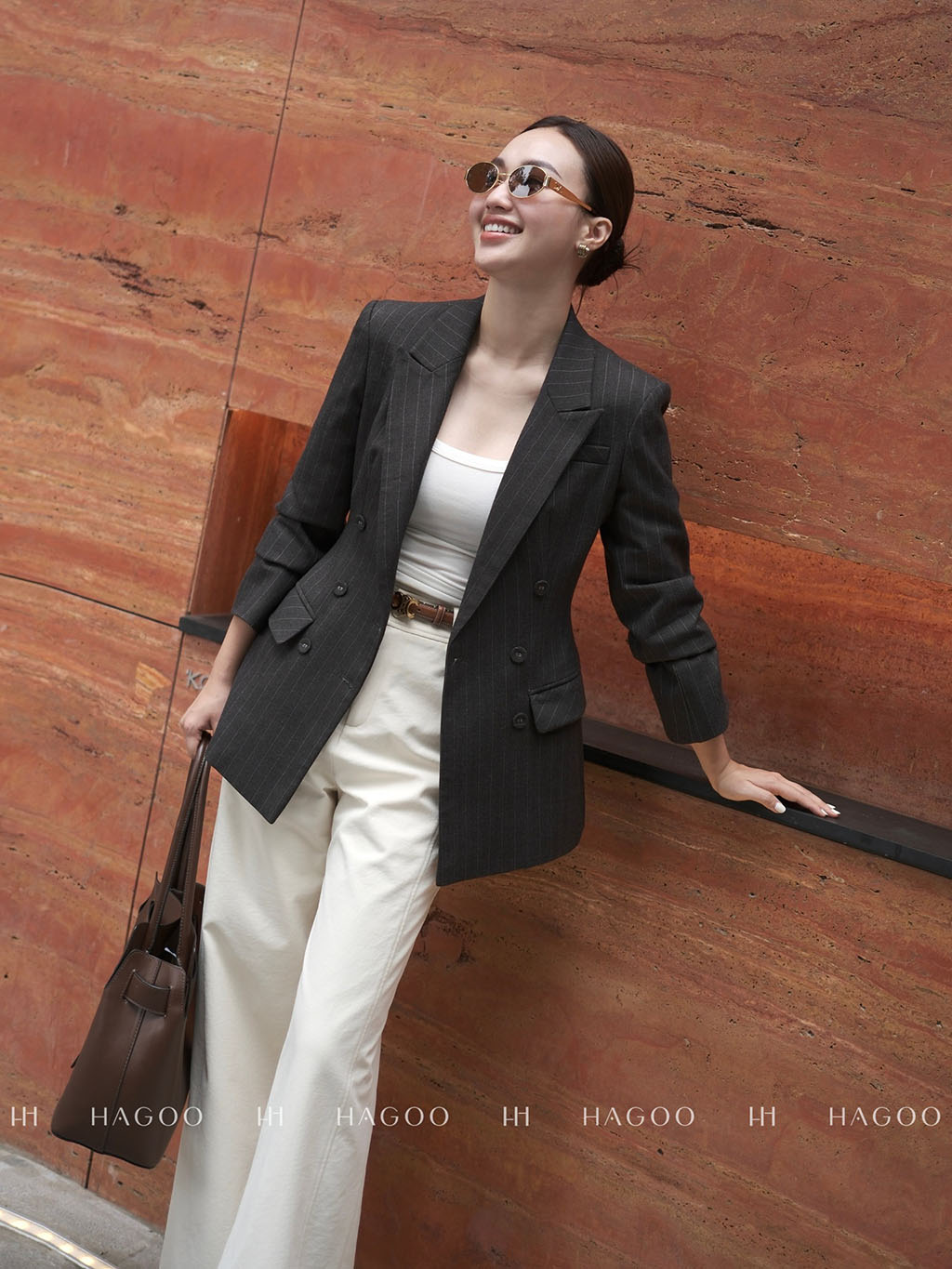 She can also pair it with the Hagoo Elite double-breasted striped blazer.