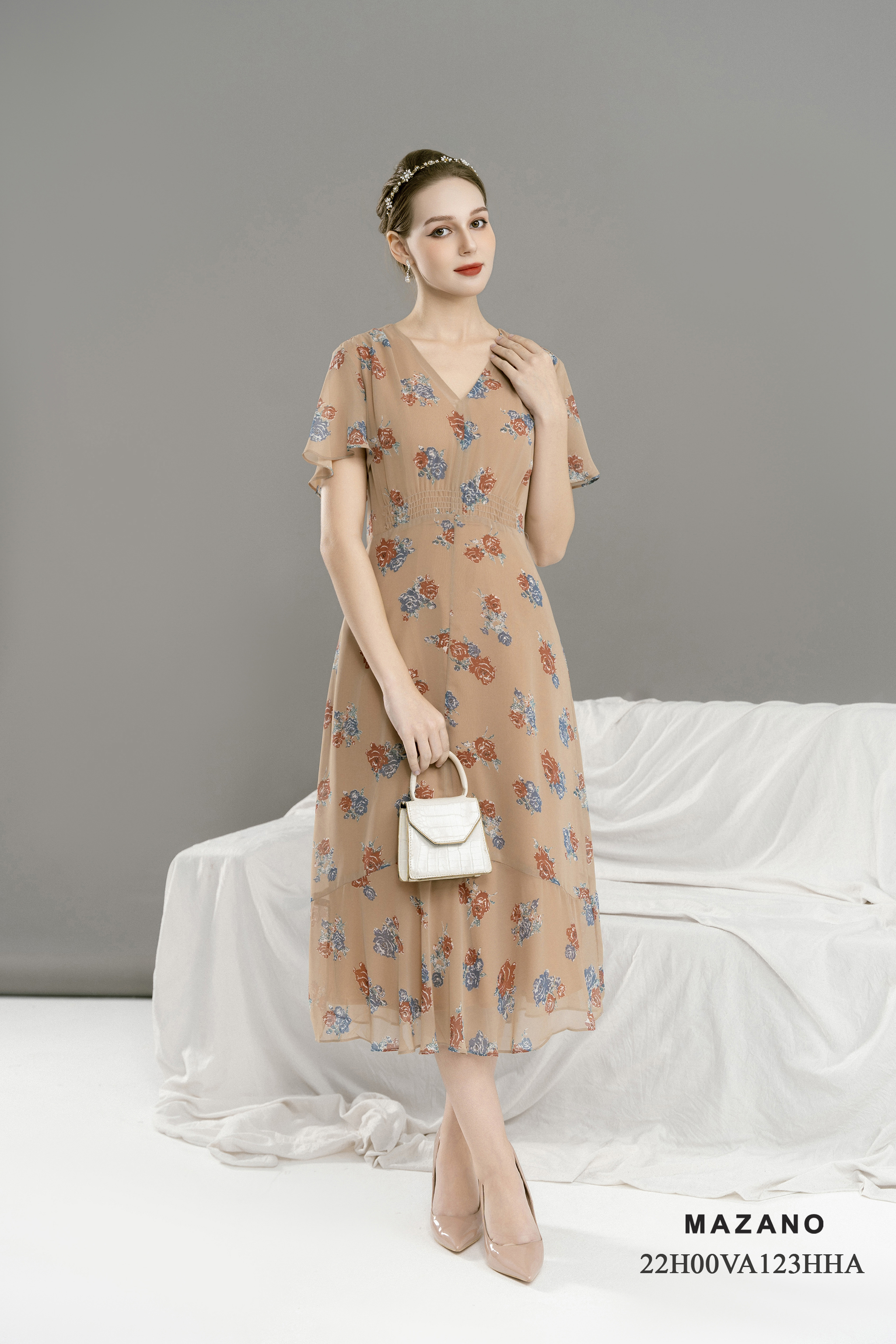 Váy Đầm Ôm Vải voan mỏng Hoạ tiết hoa cách điệu Cổ V Tay ngắn Dài qua bắp chân