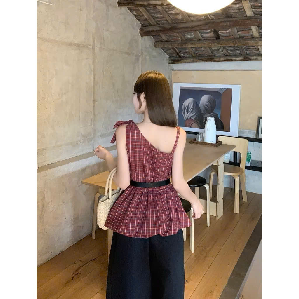 [ GUTOU ] Áo Lệch Vai Caro Thắt Nơ + belt_thumbnail_3
