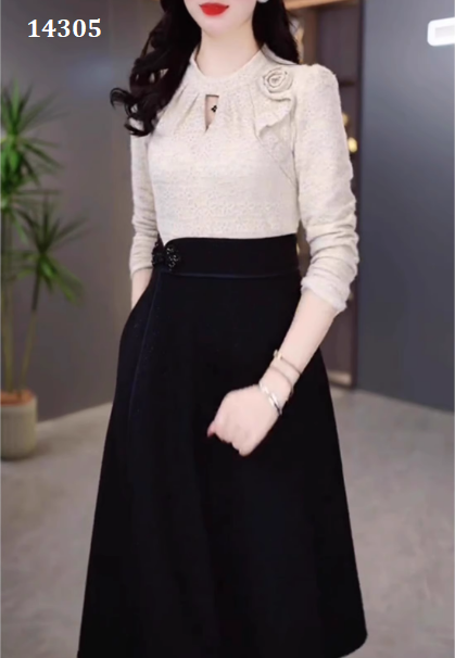 14305-Đầm xòe phối 2 màu vai kết hoa (ren hoa,poly 2 da)_thumbnail_1