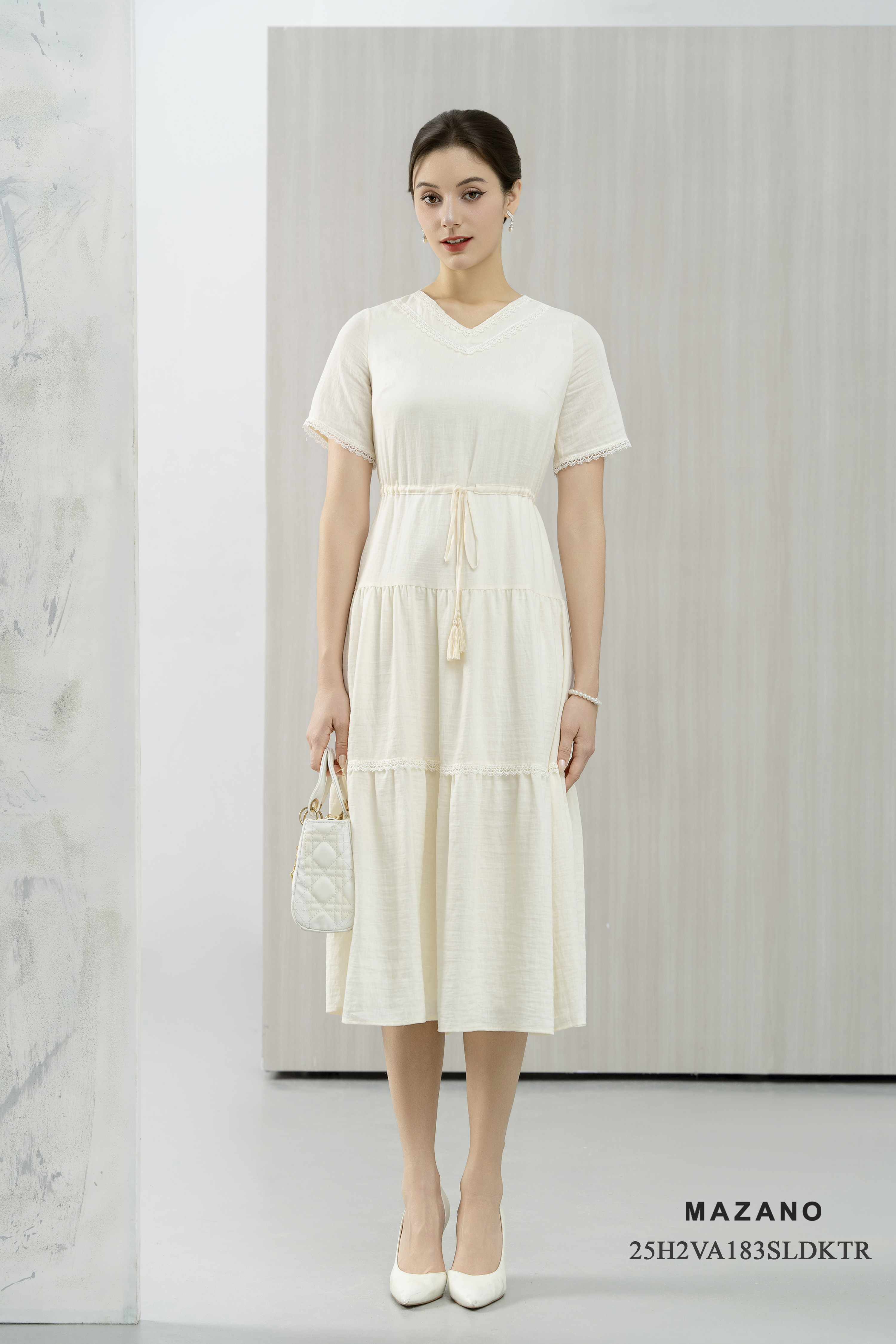 Váy maxi Vải linen lụa Trang trí phối ren Cổ V tay ngắn Dài đến mắt cá chân_thumbnail_0