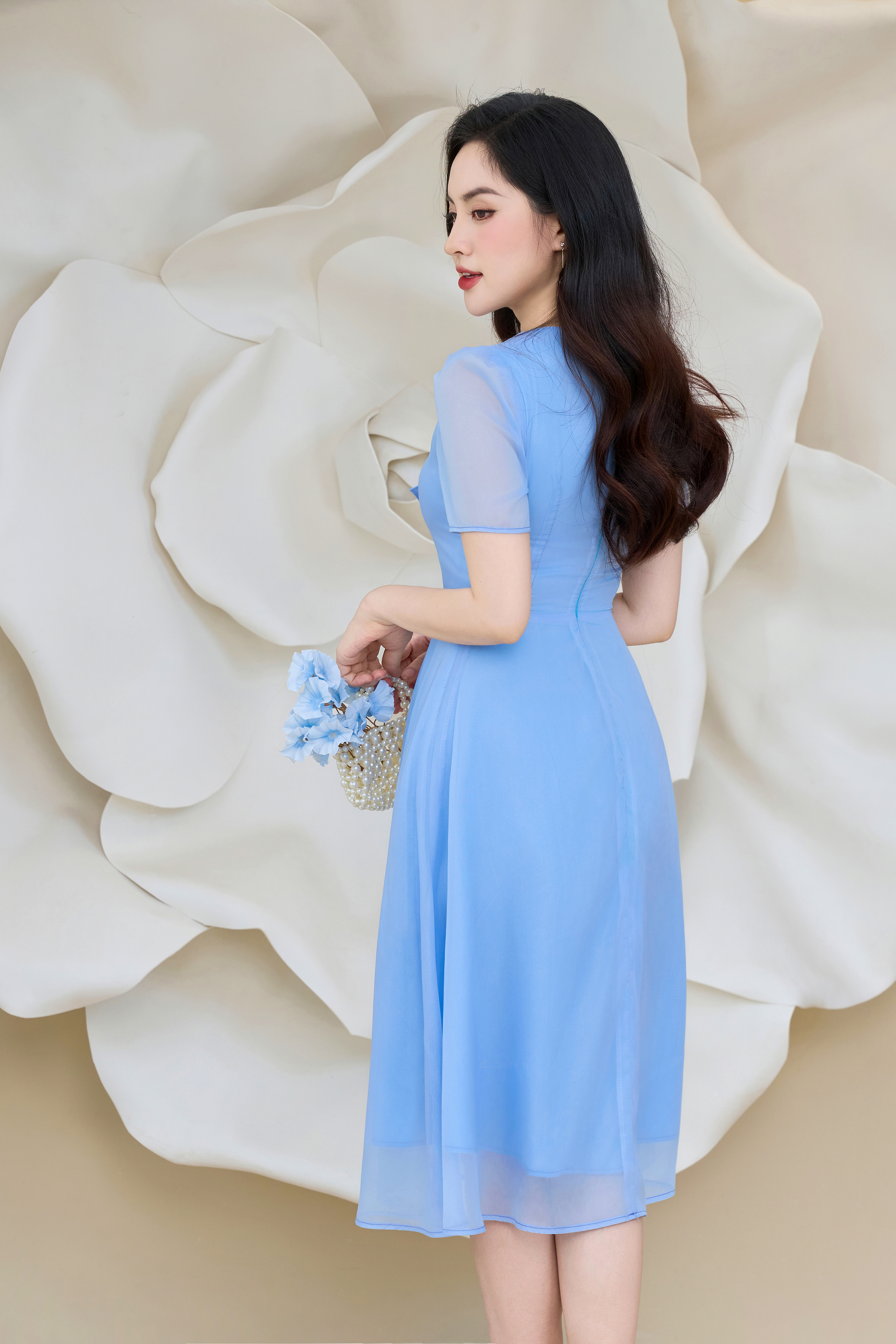 Đầm xoè xanh cổ nơ đính hoa_thumbnail_1