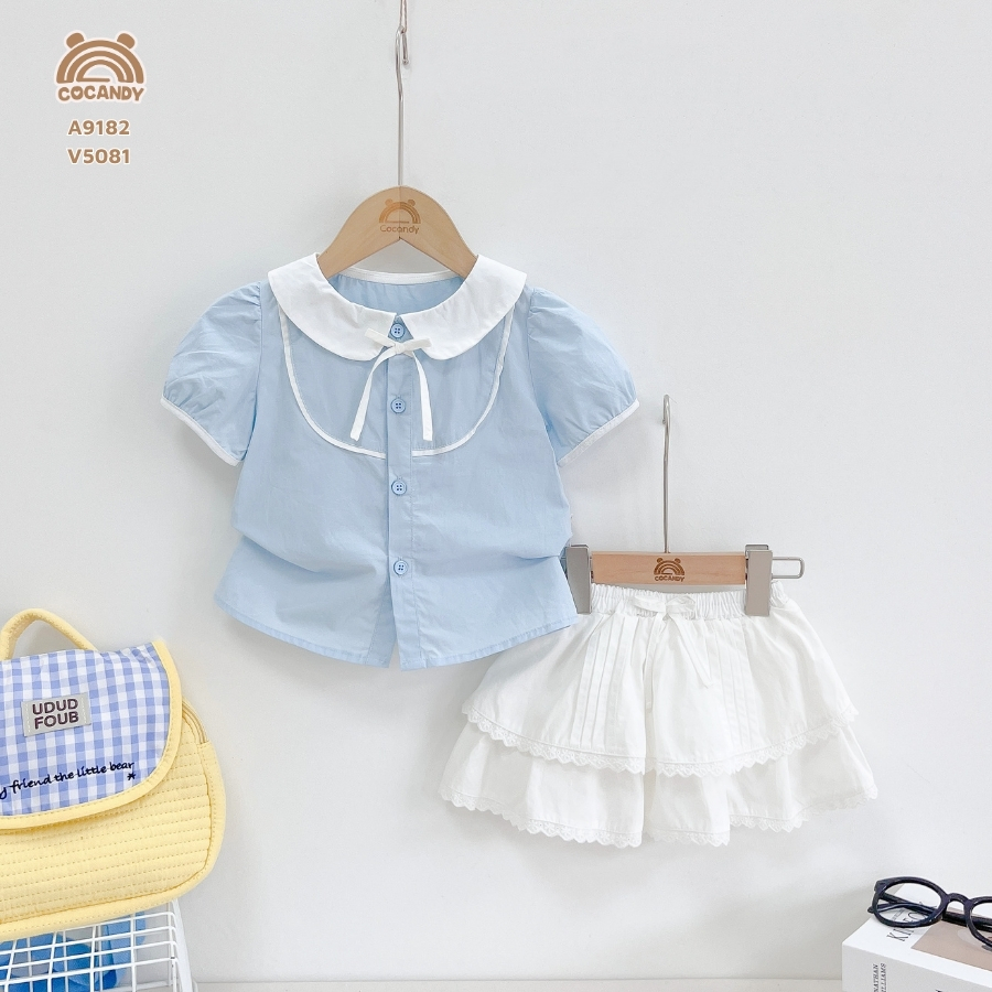 Áo cộc XANH sơ mi viền trắng phối nơ