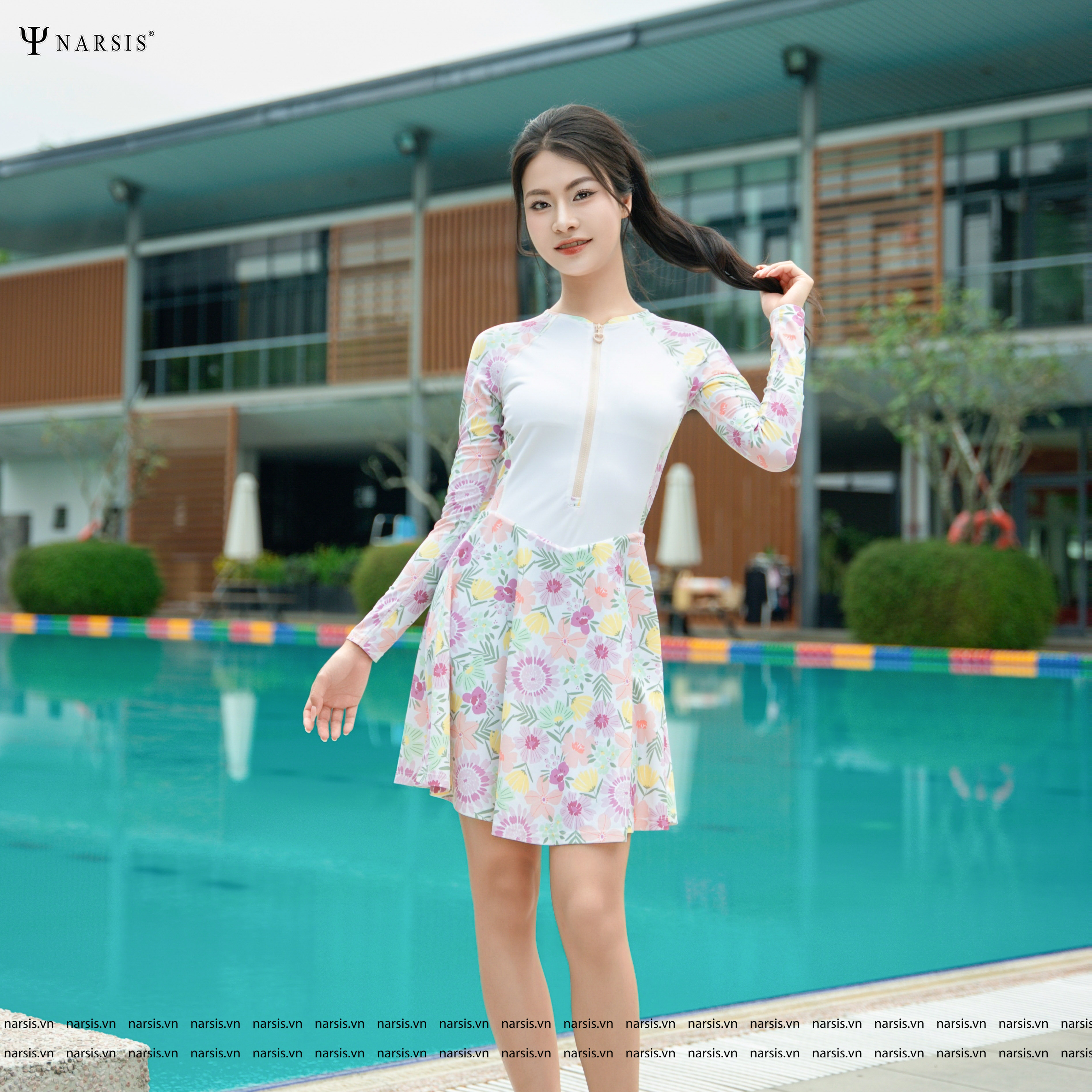 Váy Bơi Nữ Liền Thân Tay Dài Narsis Bộ Đồ Bơi Kín Đáo Có Khóa Kéo Trước Ngực Không Giữ Nước A25003_thumbnail_2