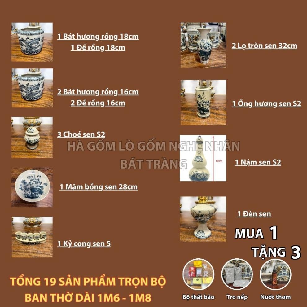 HG126 Đồ Thờ Cúng Bộ 19 món ban thờ 1M6 - 1M8 men rạn trơn nghệ nhân Bát Tràng chế tác TẶNG Thất Bảo, Tro Nếp_thumbnail_1