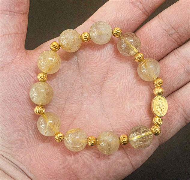 Vòng Mân Côi tóc vàng 14ly mix charm Đức Mẹ bạc mạ vàng_thumbnail_2