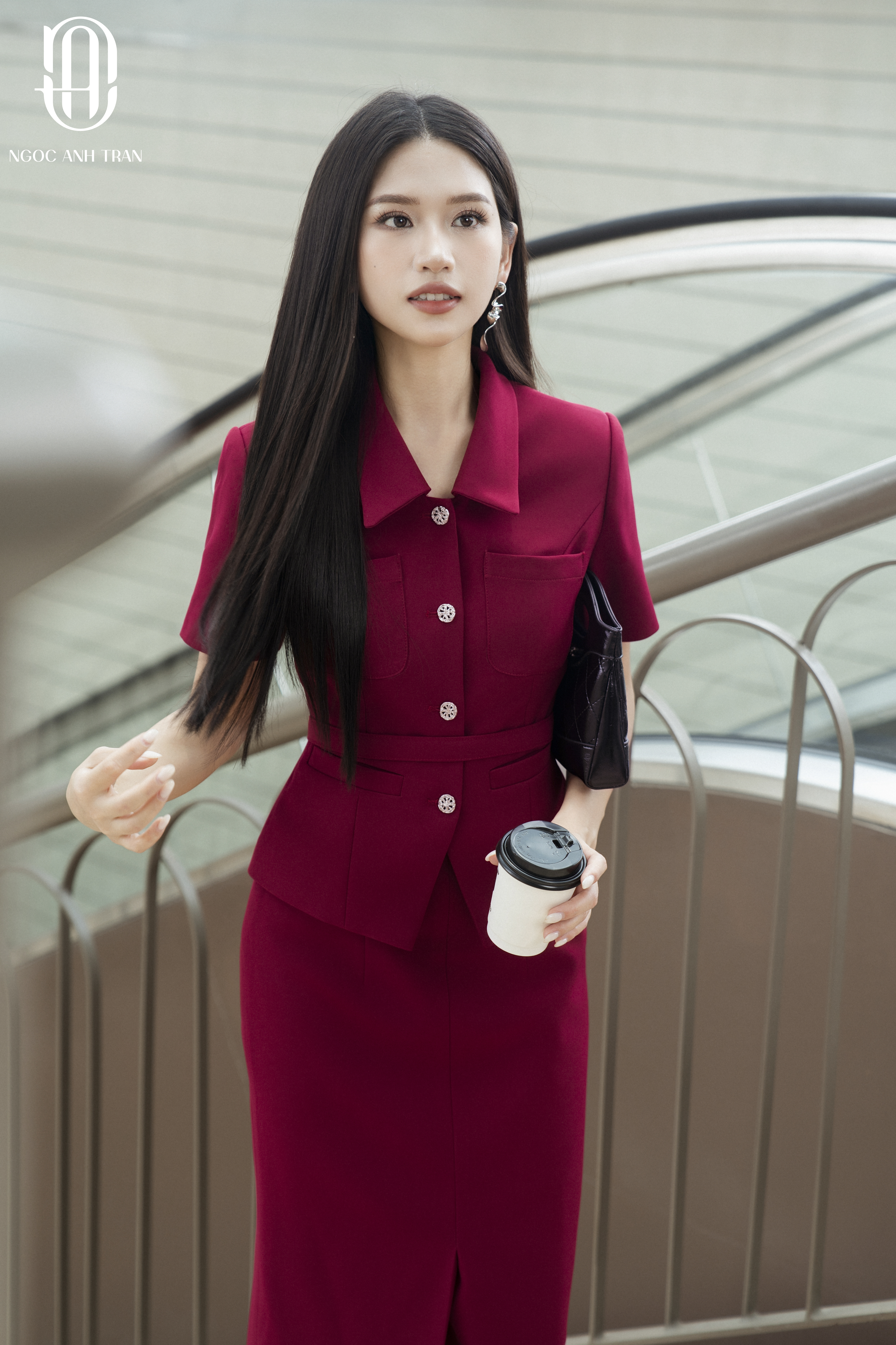 Set A171 HỒNG LAM - Áo kiểu chân váy hồng maroon_thumbnail_2