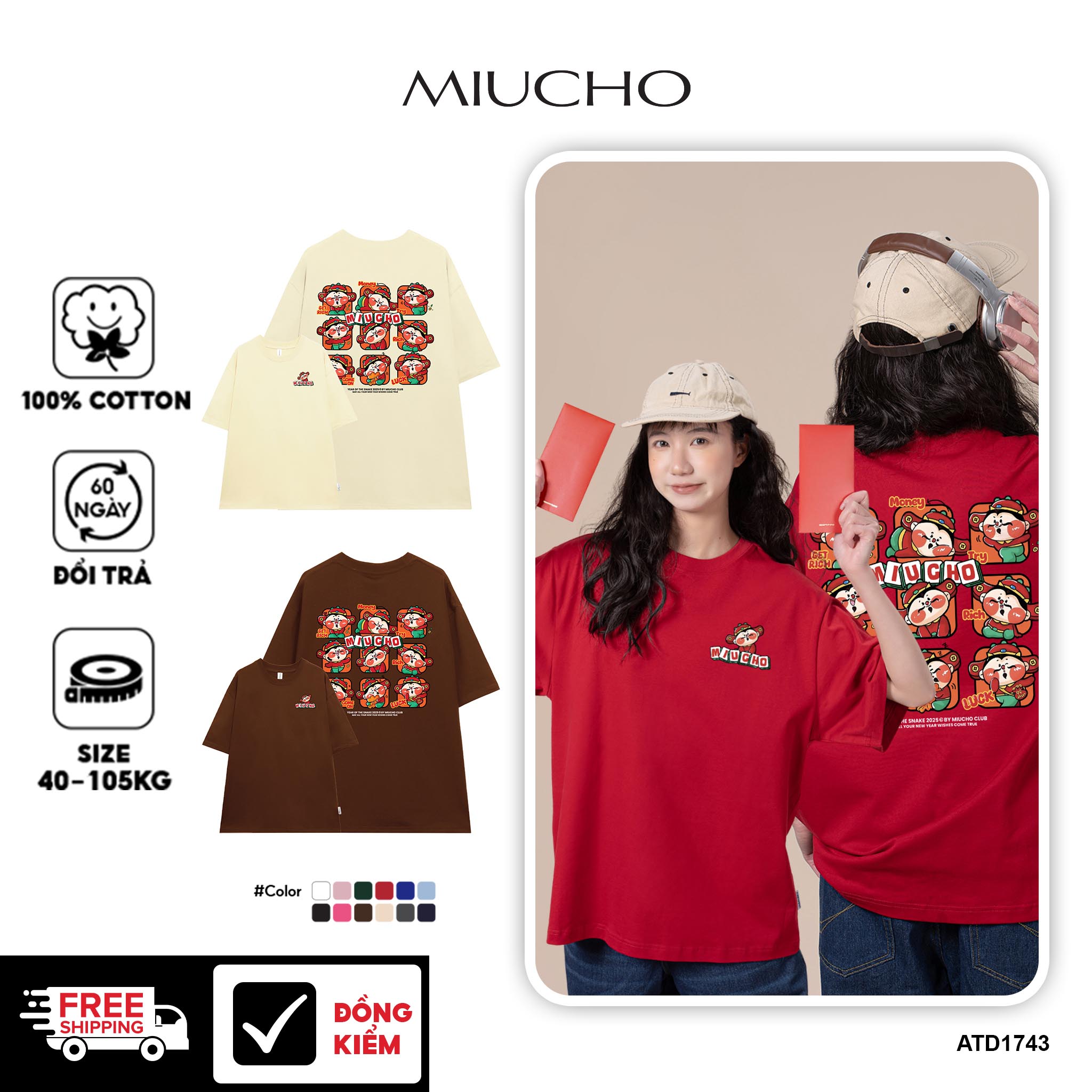 Áo thun tết form rộng cổ tròn chất vải cotton 4c co giãn thoáng mát ATD1743 Miucho in mix