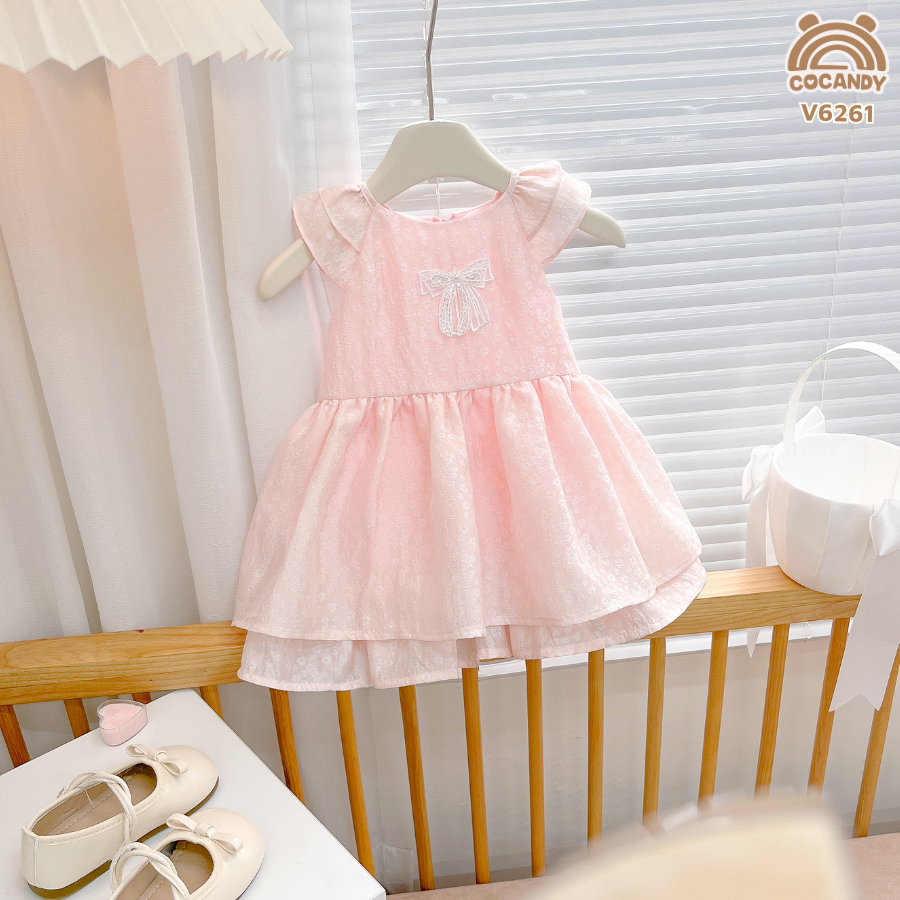 Váy cộc HỒNG 2 tầng vân hoa phối nơ ngực