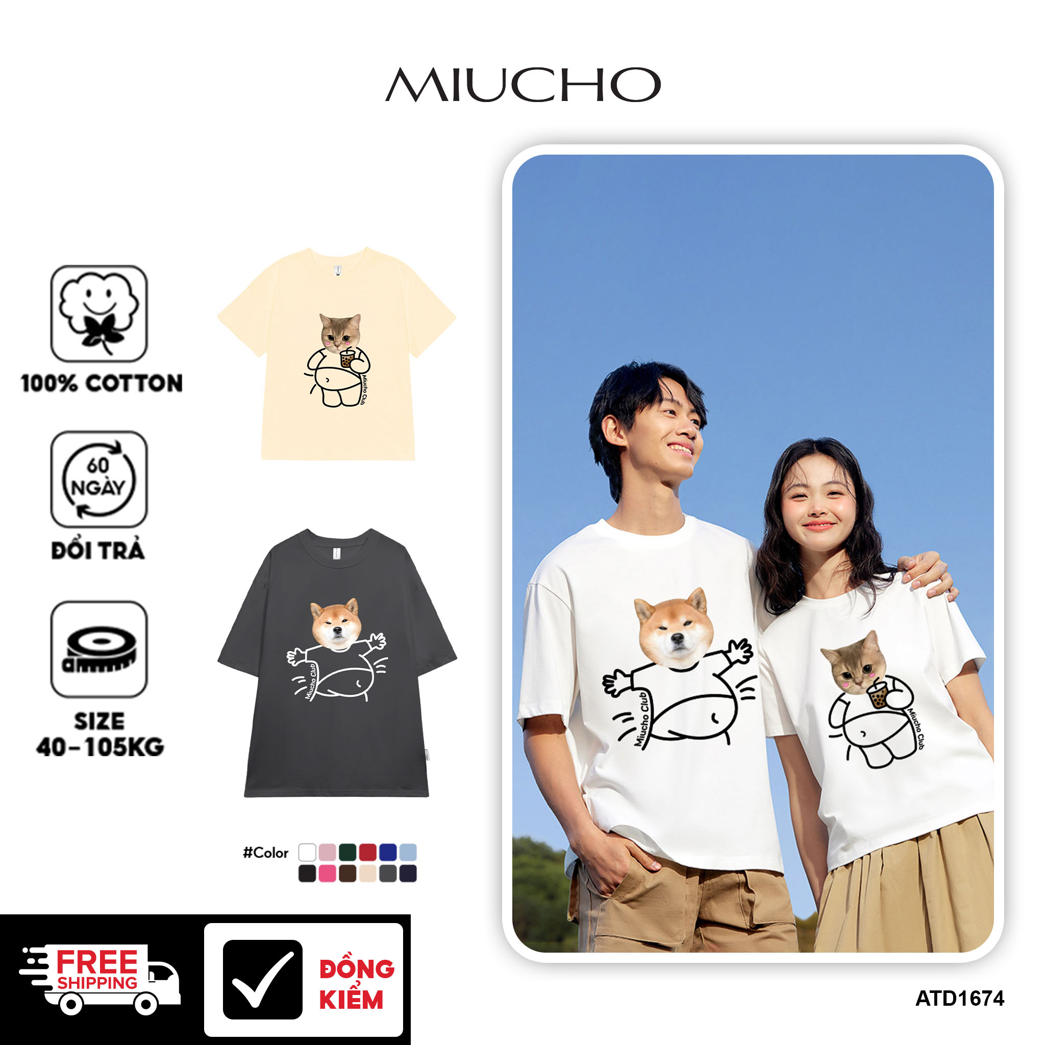 Áo thun cặp nam nữ đôi form rộng vải cotton co giãn thoáng mát ATD1674 Miucho in mix