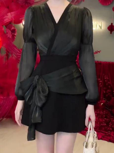 Đầm Chữ A Phối Tơ Thắt Nơ