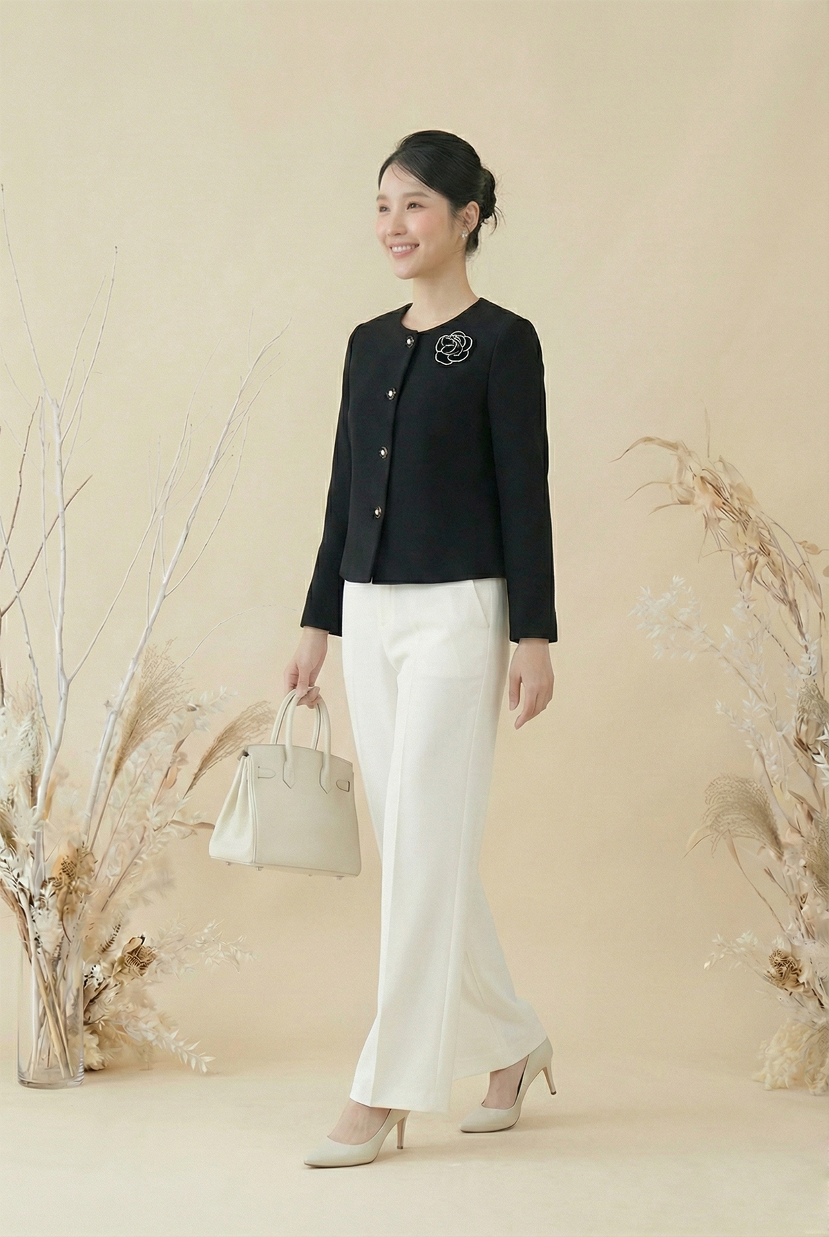 Áo khoác ngắn Vải dạ Đính hoa thủ công Cổ tròn Tay dài Dài qua eo_thumbnail_3