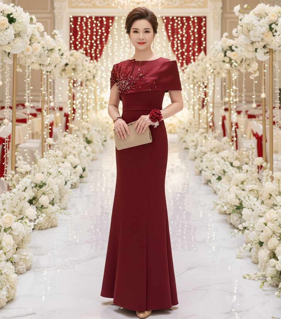 Đầm dự tiệc dạ hội đuôi cá kiểu nơ vai đính đá cao cấp