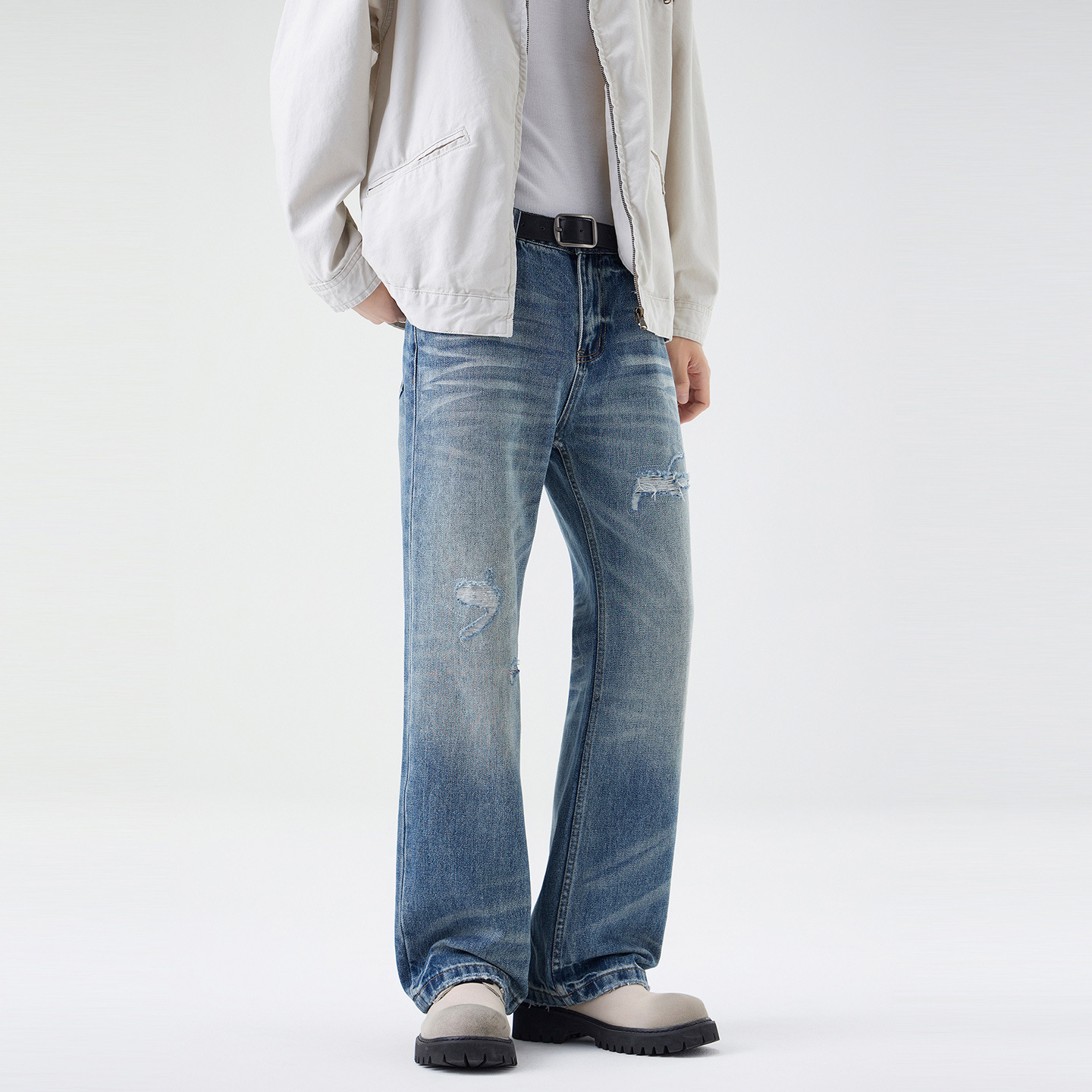 Quần jeans rách ống suông rách ống rộng cho nam mùa thu, thương hiệu thời trang Mỹ, retro, đã giặt, trầy xước, quần dài ống rộng