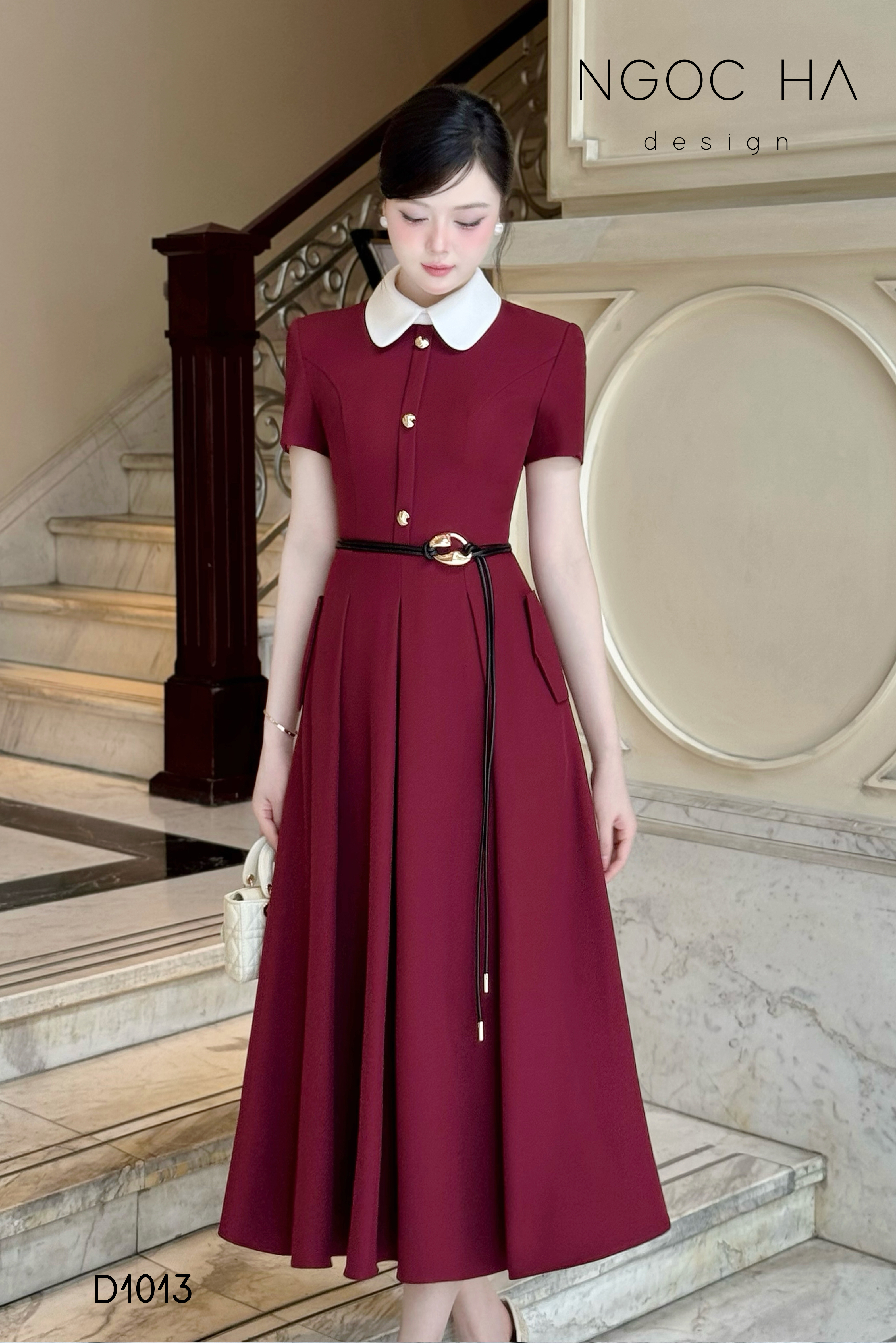 Claire Dress_ Đầm Xòe Màu Đỏ Mix Cổ Trắng D1013