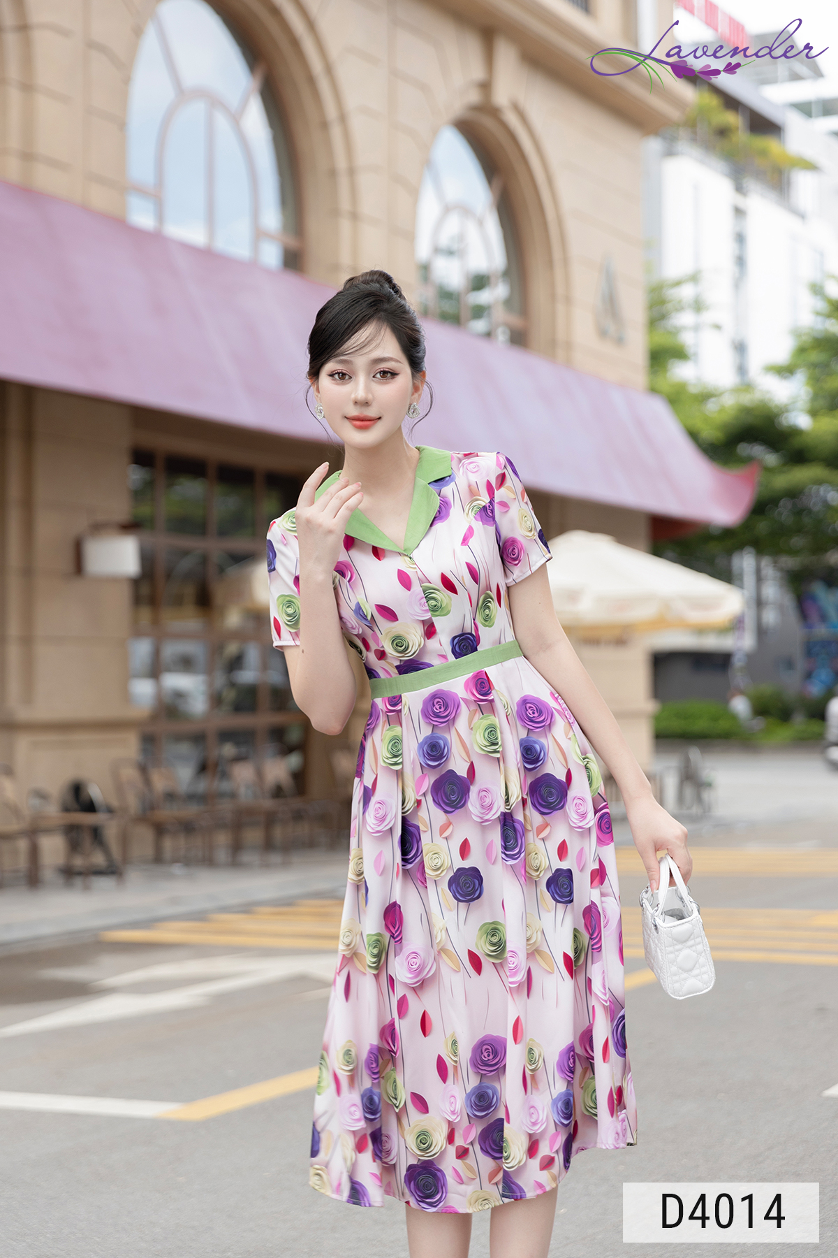 Đầm hoa dáng xòe cổ ve tay ngắn phối đai D4014_thumbnail_4