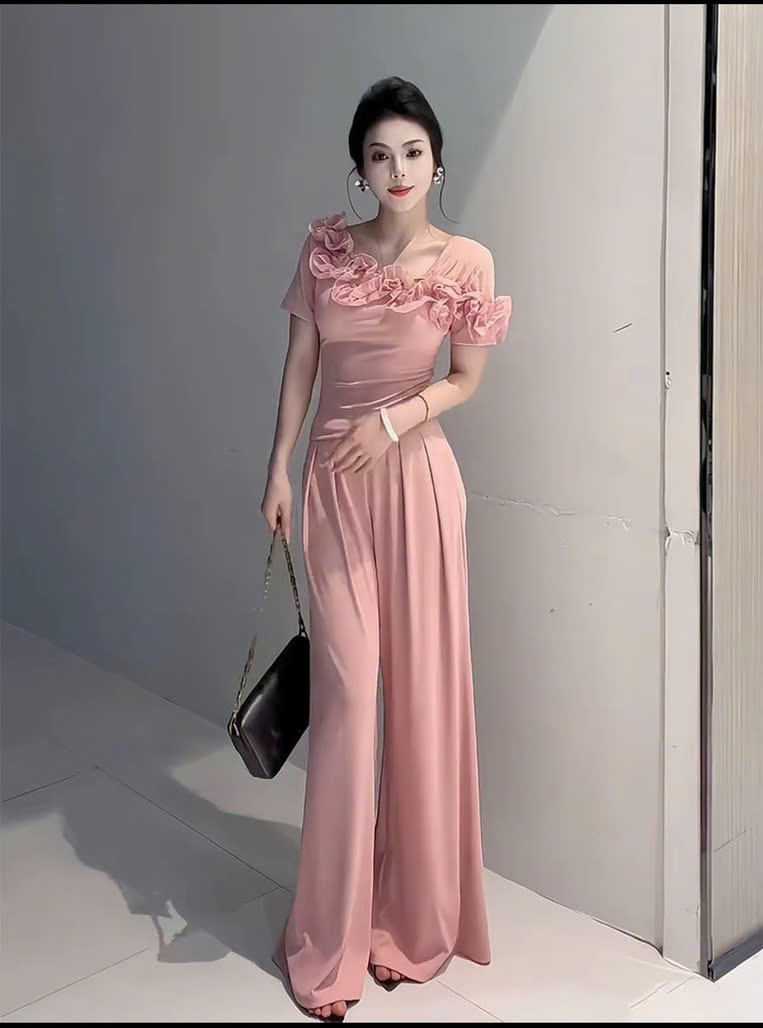 Set bộ áo phối bèo lệch vai tay con quần ống rộng